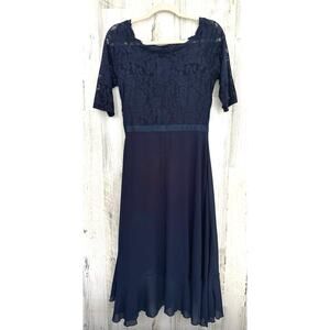Miusol Womens Dress Size Medium Navy Lace‎ Bodice Ruffled Asymmetrical Skirt